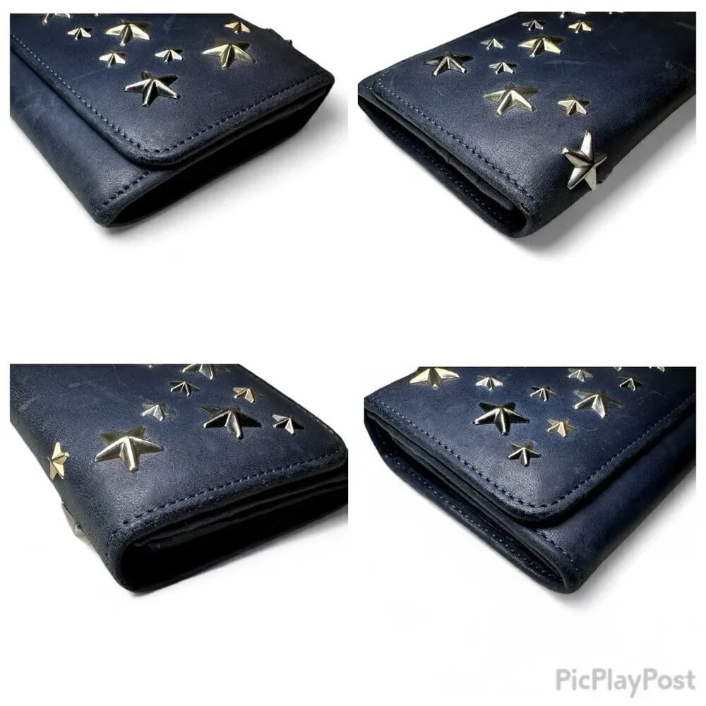 Jimmy Choo Navy Blue Long Leather Wallet with Silver Star Studs